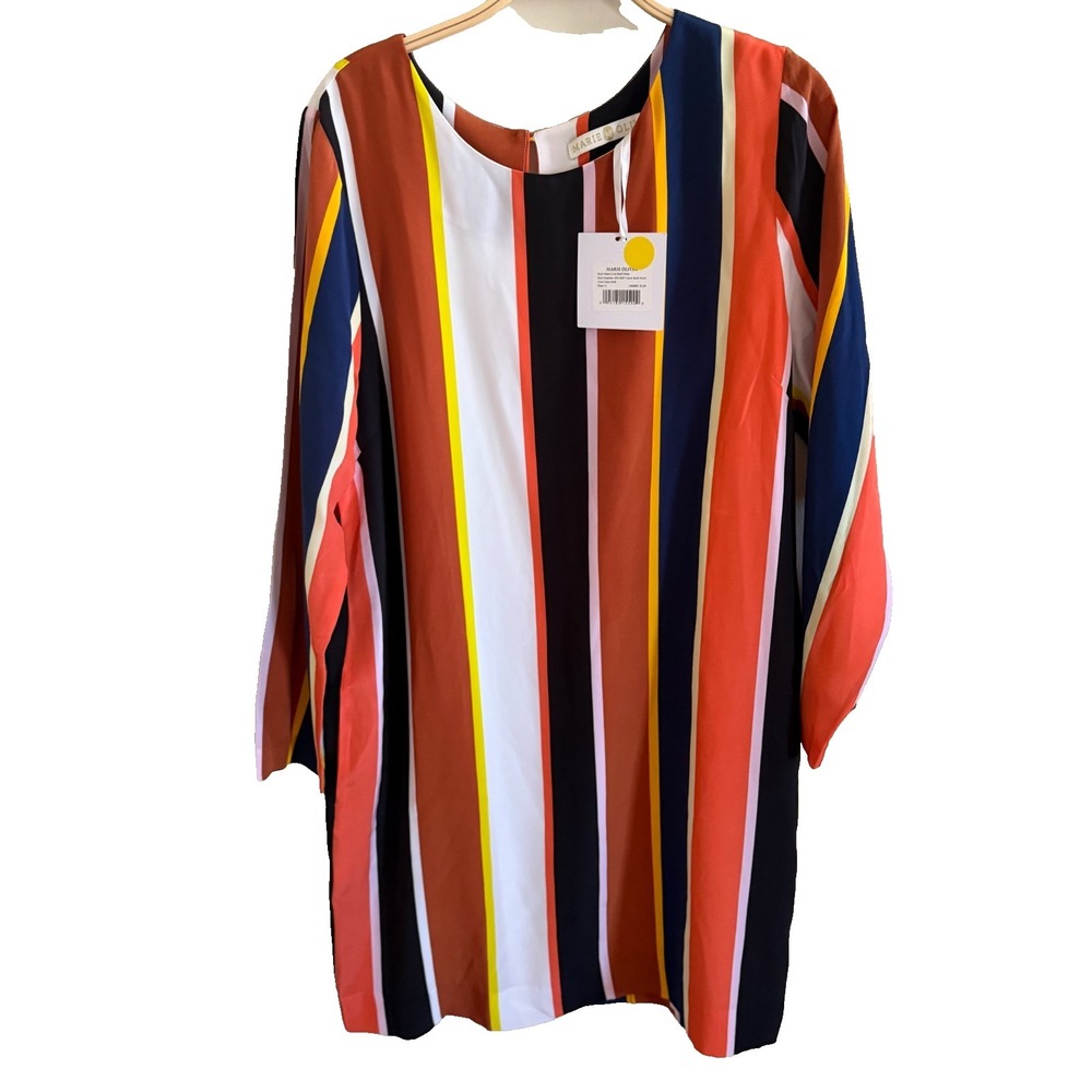 Marie Oliver Silk Vertical Striped Dress Fall Colors New 100% Silk Pockets L